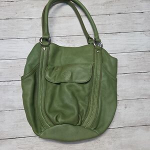 Piazza Green Leather Shoulder Bag Tote Front Flap Pocket Polka Dot Lining